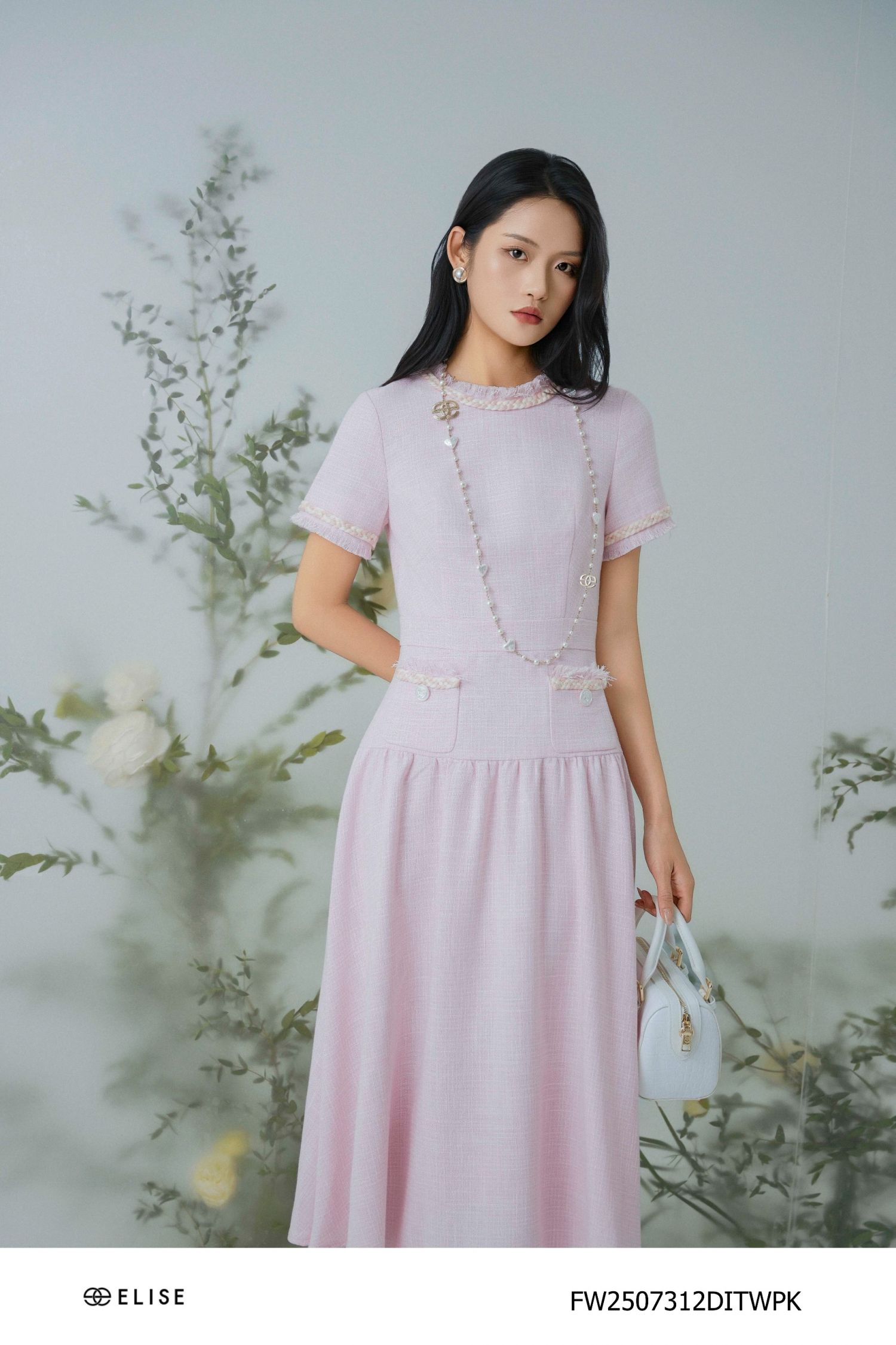 ĐẦM TWEED HỒNG SỢI TRẮNG ĐÍNH DÂY PK