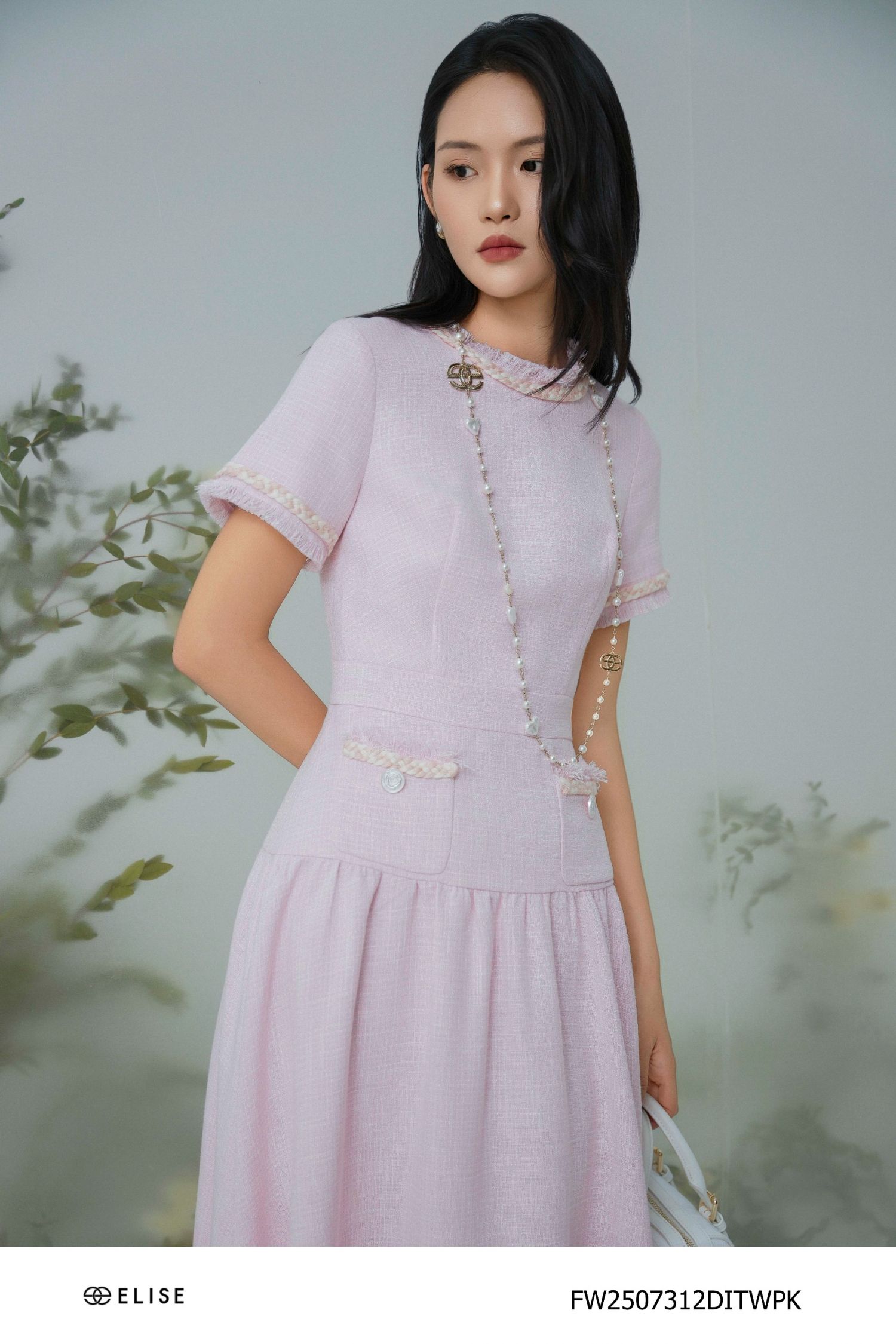 ĐẦM TWEED HỒNG SỢI TRẮNG ĐÍNH DÂY PK