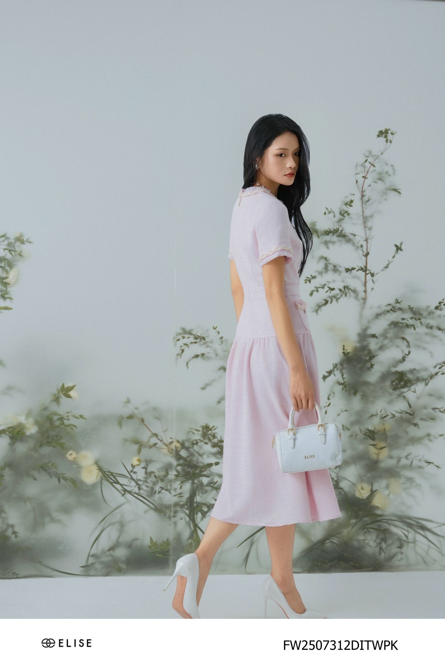 ĐẦM TWEED HỒNG SỢI TRẮNG ĐÍNH DÂY PK