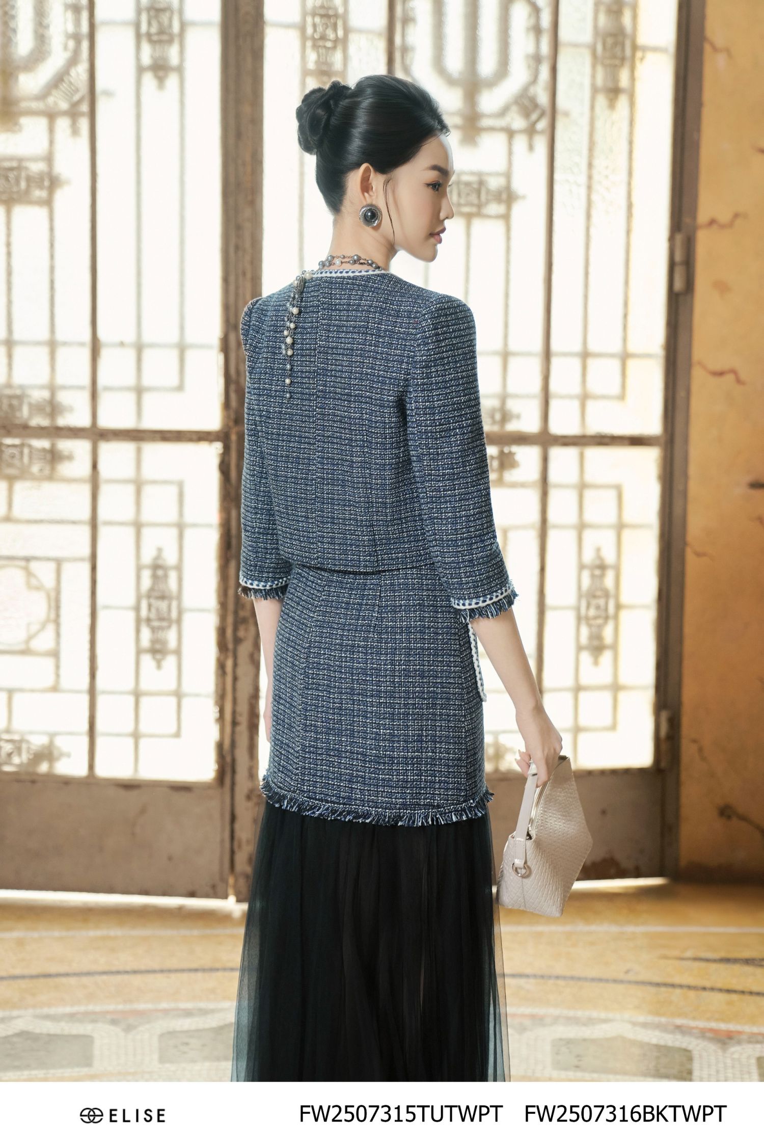 CV TWEED SỢI KẺ PHỐI LƯỚI ĐEN