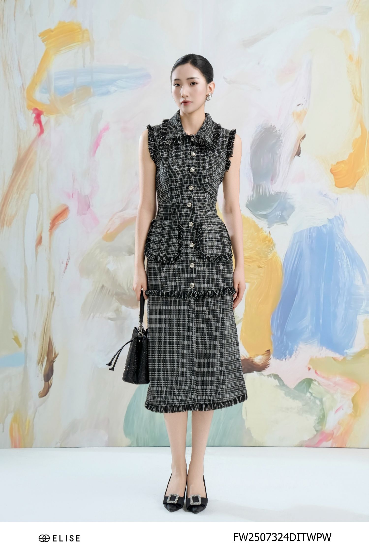 ĐẦM TWEED VÂN TRẮNG ĐEN XẺ TRƯỚC
