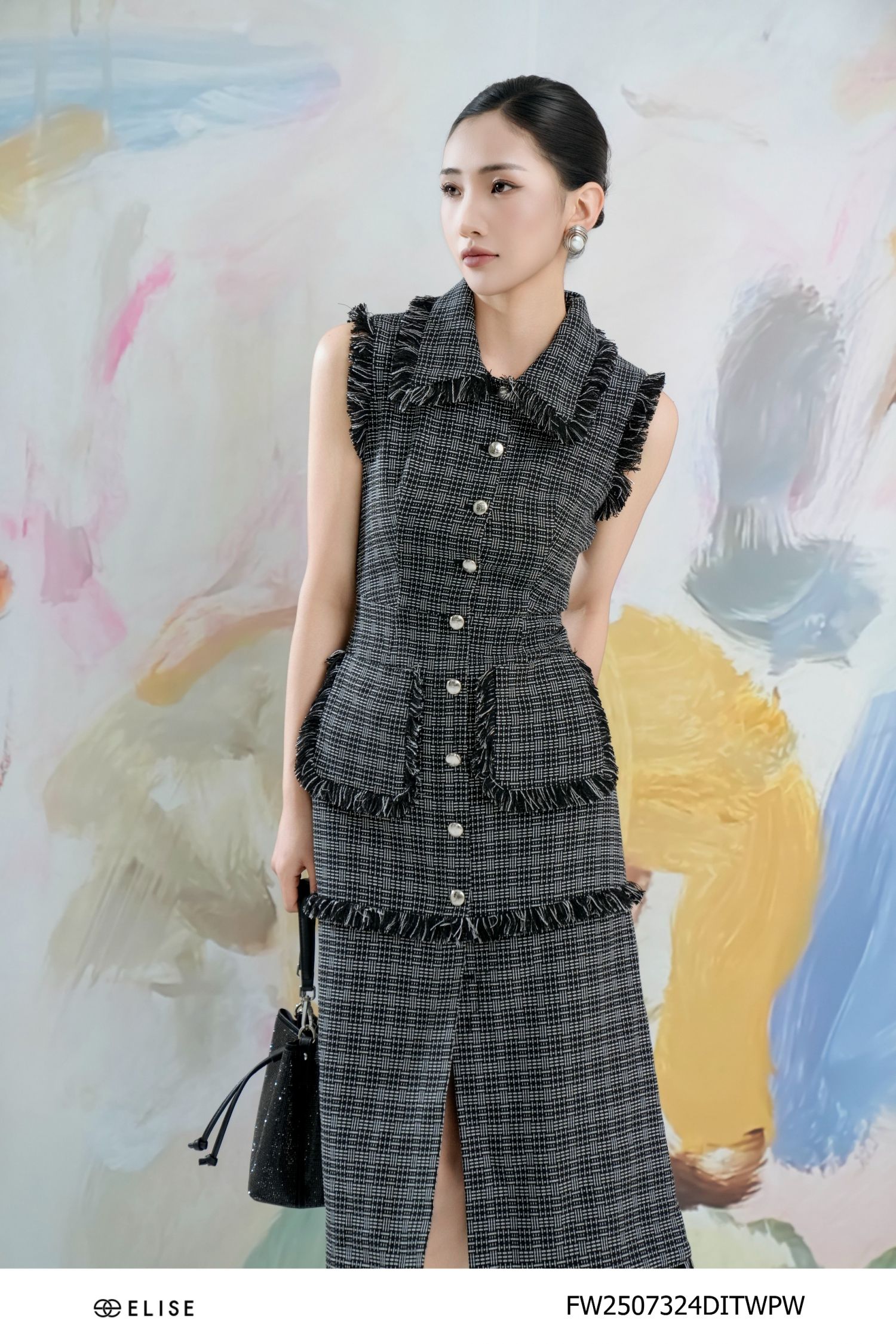 ĐẦM TWEED VÂN TRẮNG ĐEN XẺ TRƯỚC
