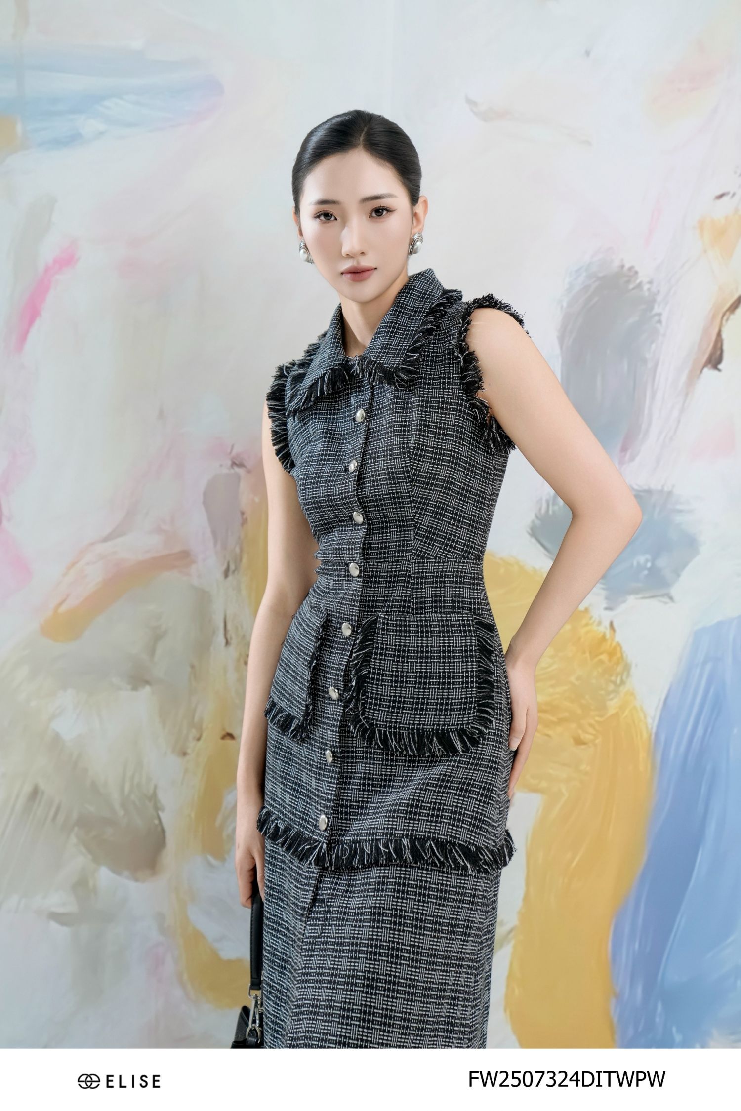 ĐẦM TWEED VÂN TRẮNG ĐEN XẺ TRƯỚC