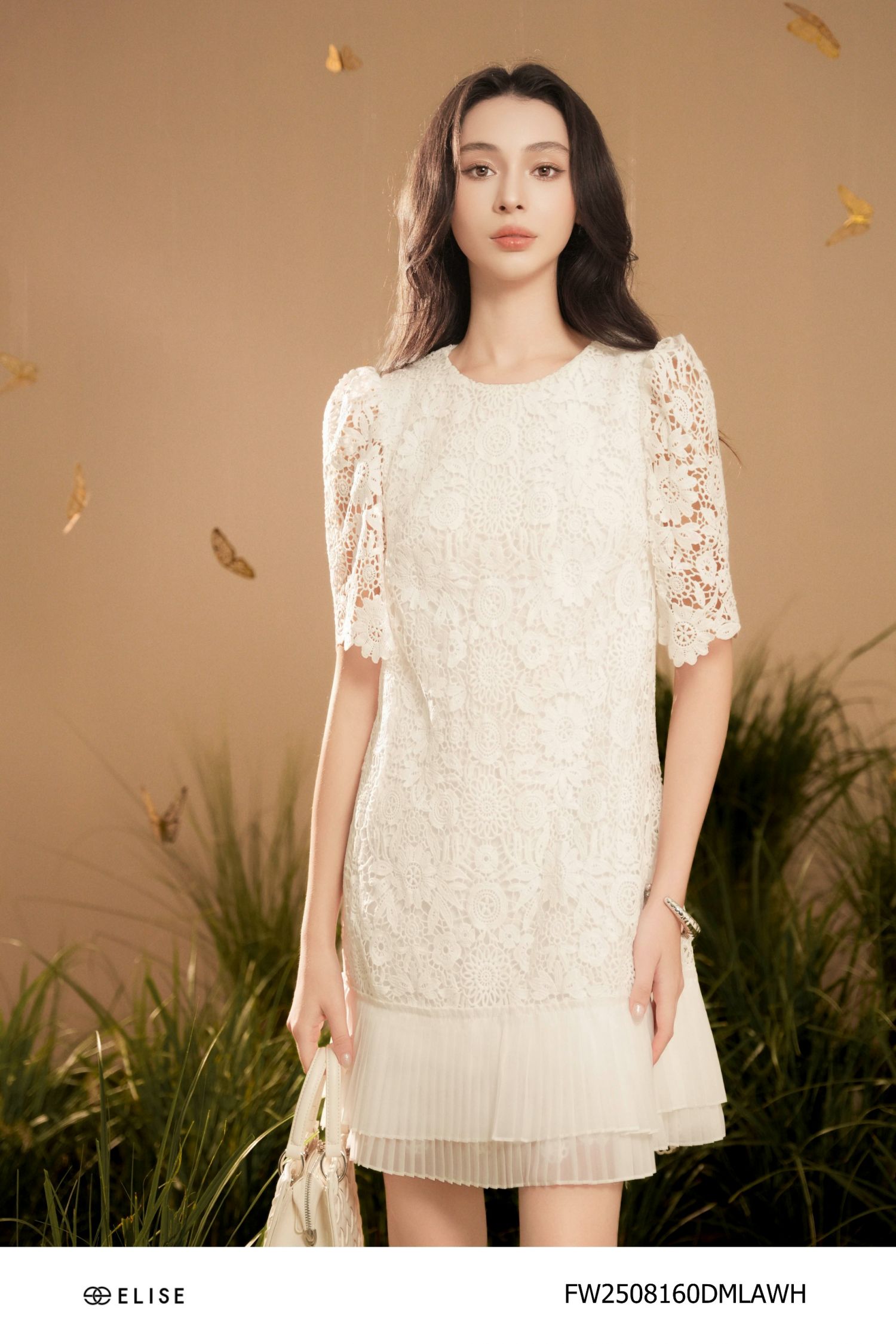 ĐẦM REN HOA CHỈ TRẮNG PHỐI CHÂN TƠ DẬP LY