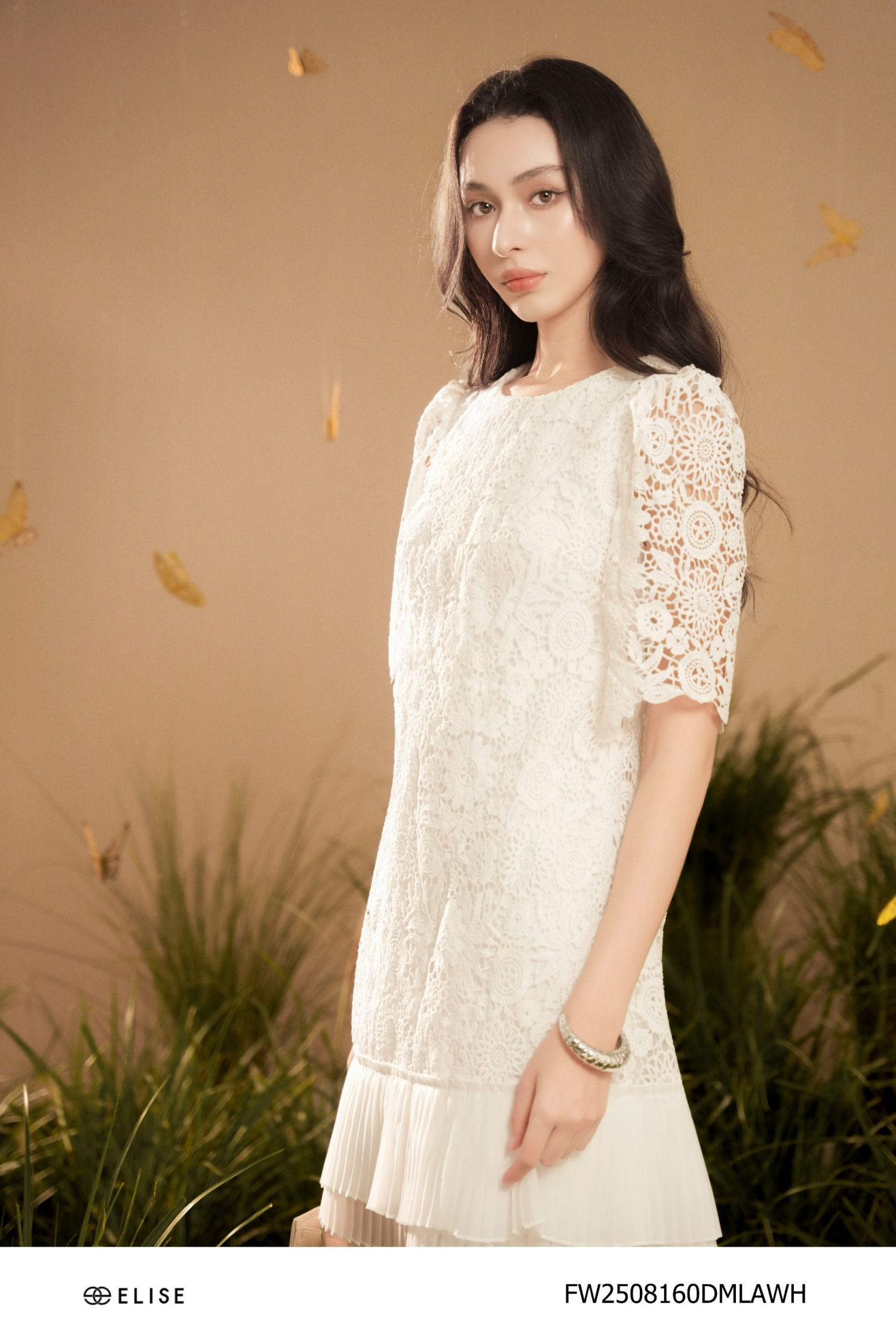 ĐẦM REN HOA CHỈ TRẮNG PHỐI CHÂN TƠ DẬP LY