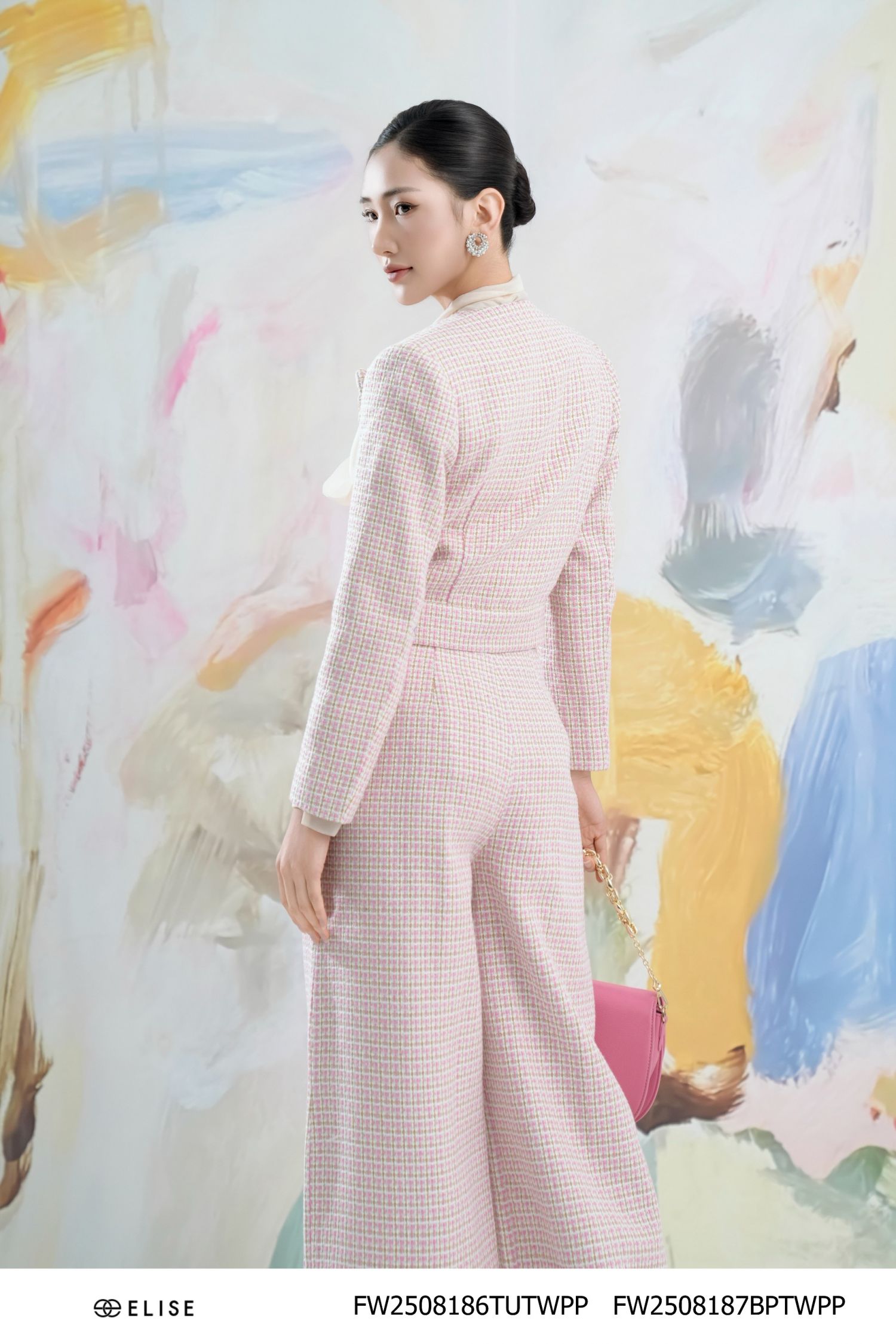 QUẦN TWEED SUÔNG KẺ SỢI HỒNG TÚI ỐP