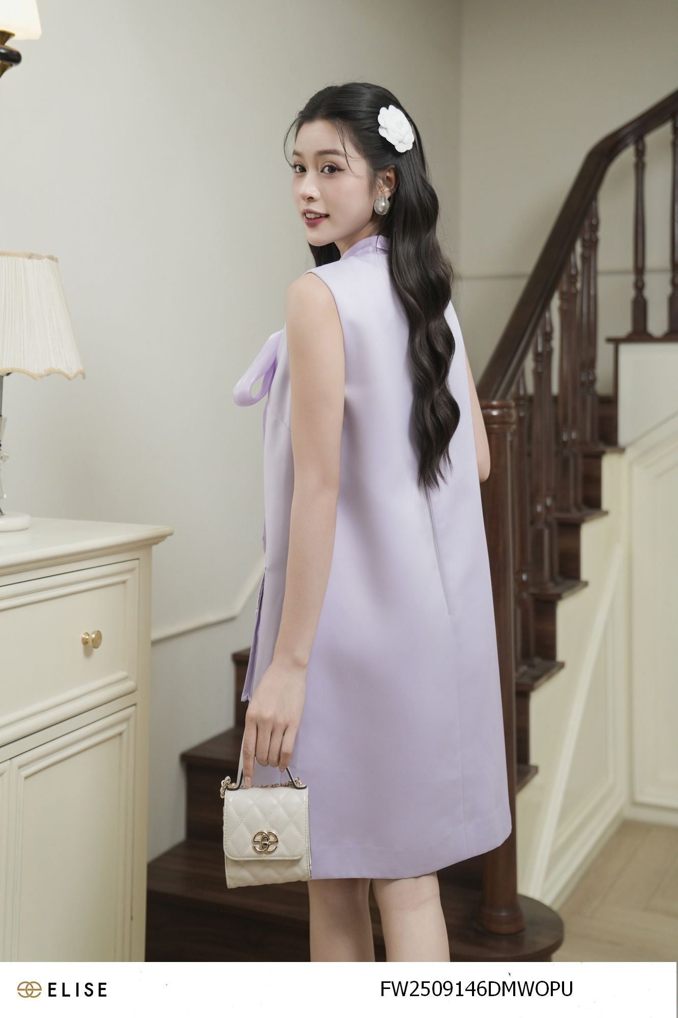 ĐẦM TAFTA TÍM ỐP TÚI CỔ TƠ