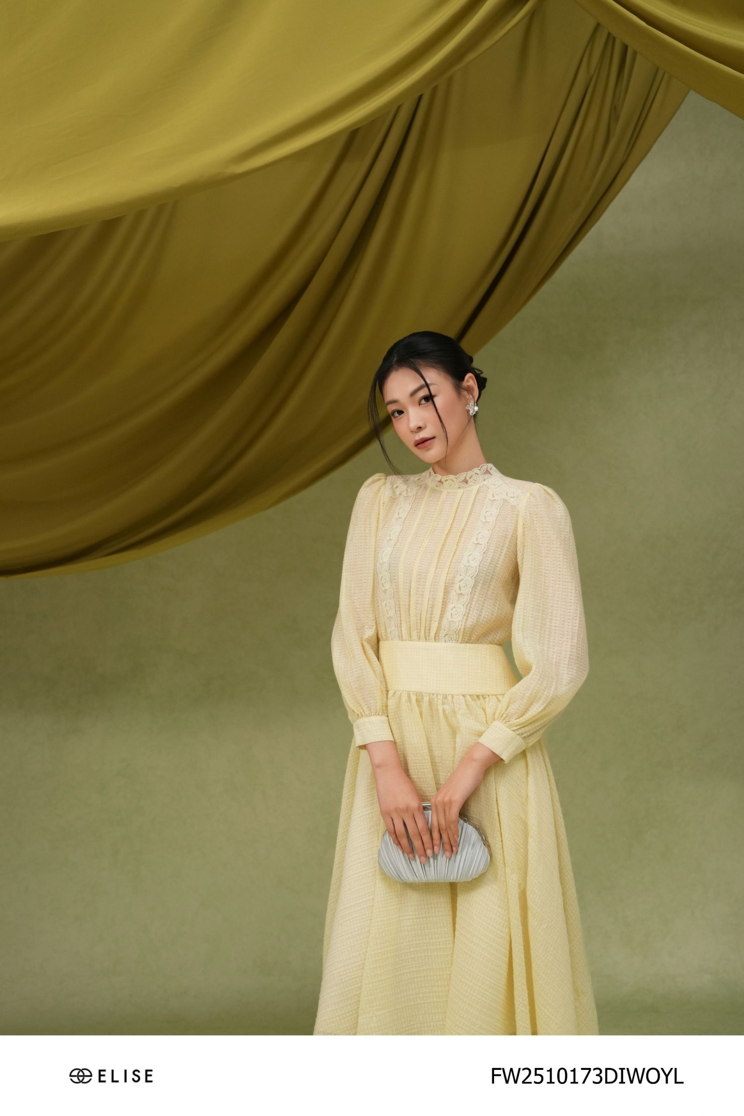 ĐẦM VOAN VÂN Ô CỔ REN XẾP NHÚN EO