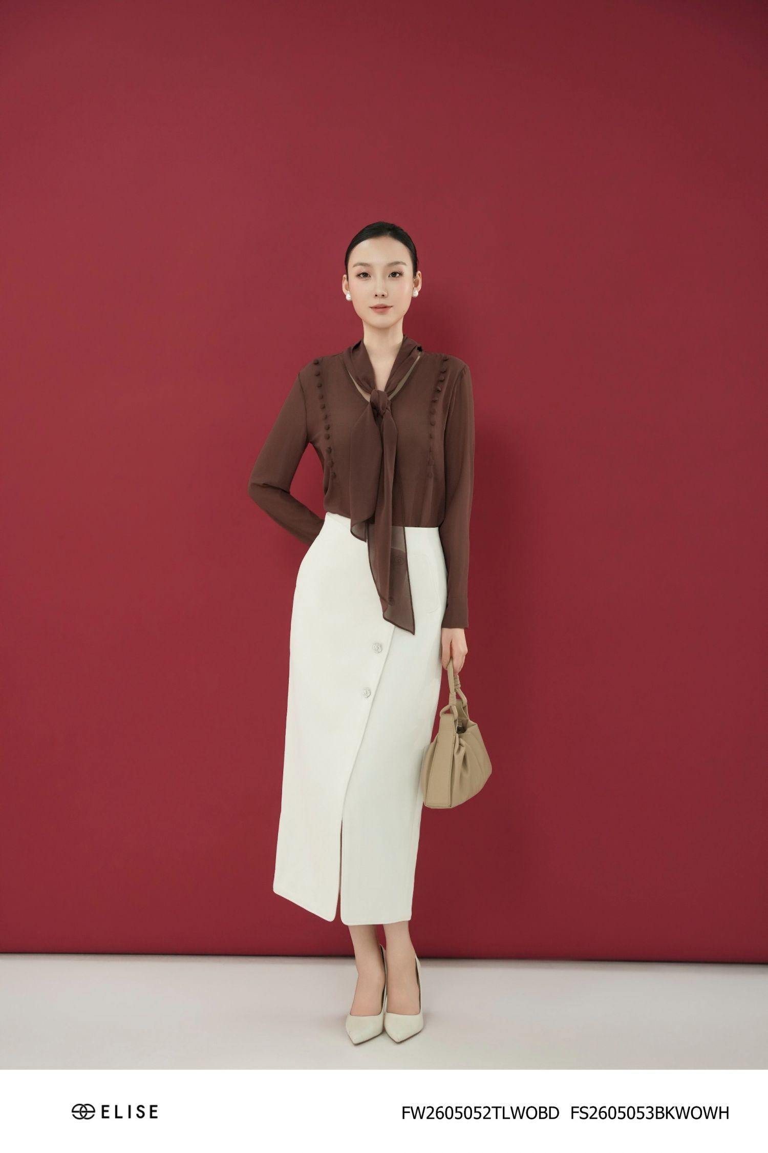 ÁO CHIFFON ĐỎ MẬN DÂY NƠ CỔ