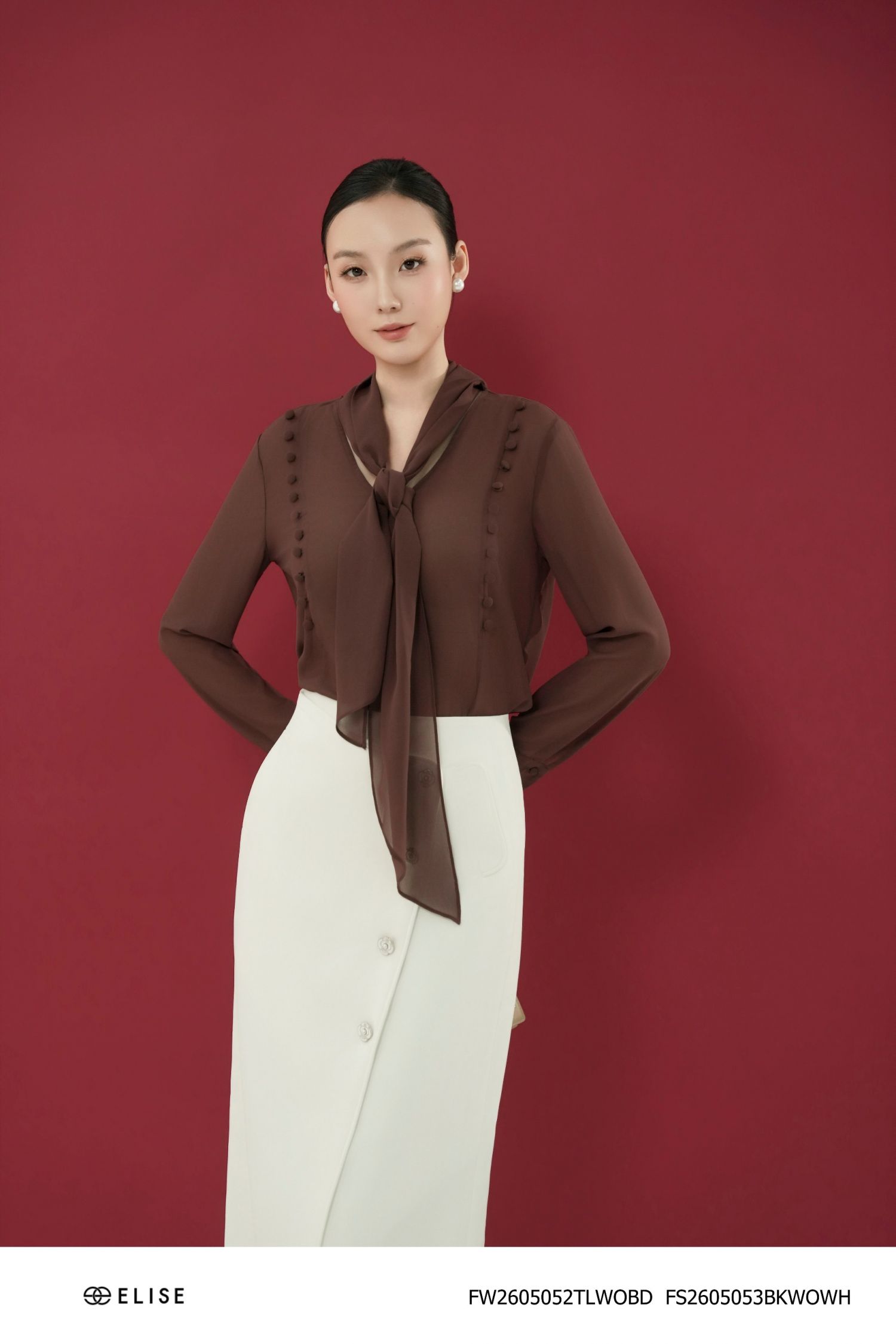 ÁO CHIFFON ĐỎ MẬN DÂY NƠ CỔ