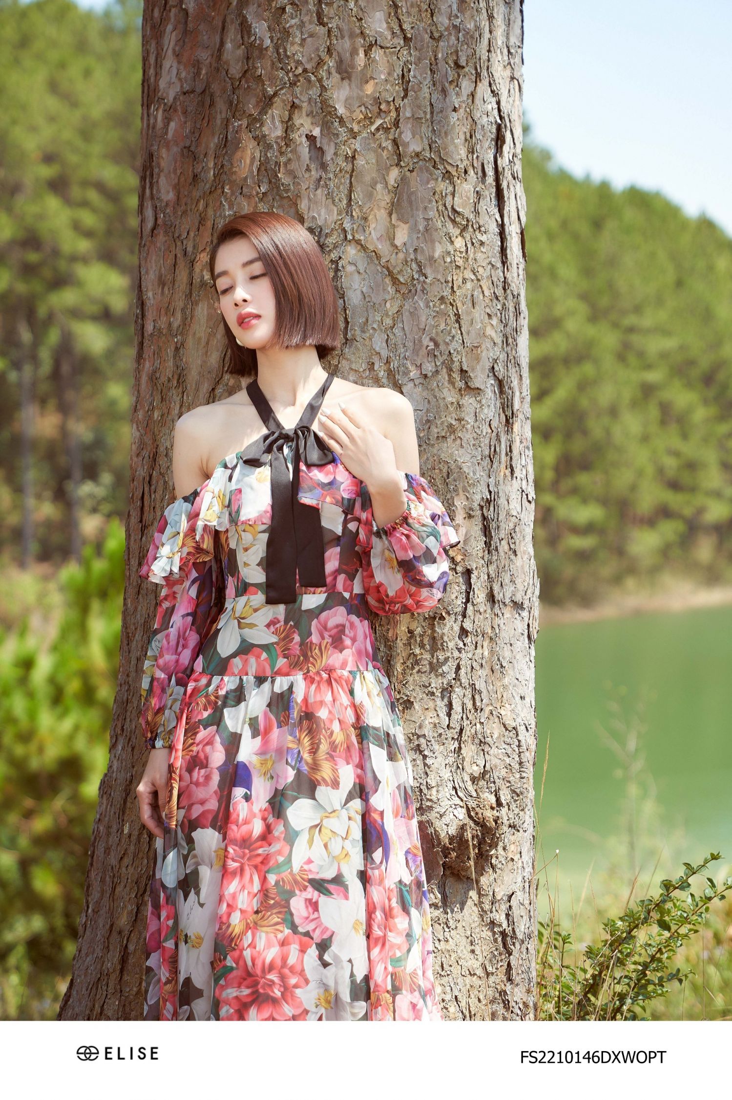 MAXI CHIFFON HOA LY HỒNG HỞ VAI