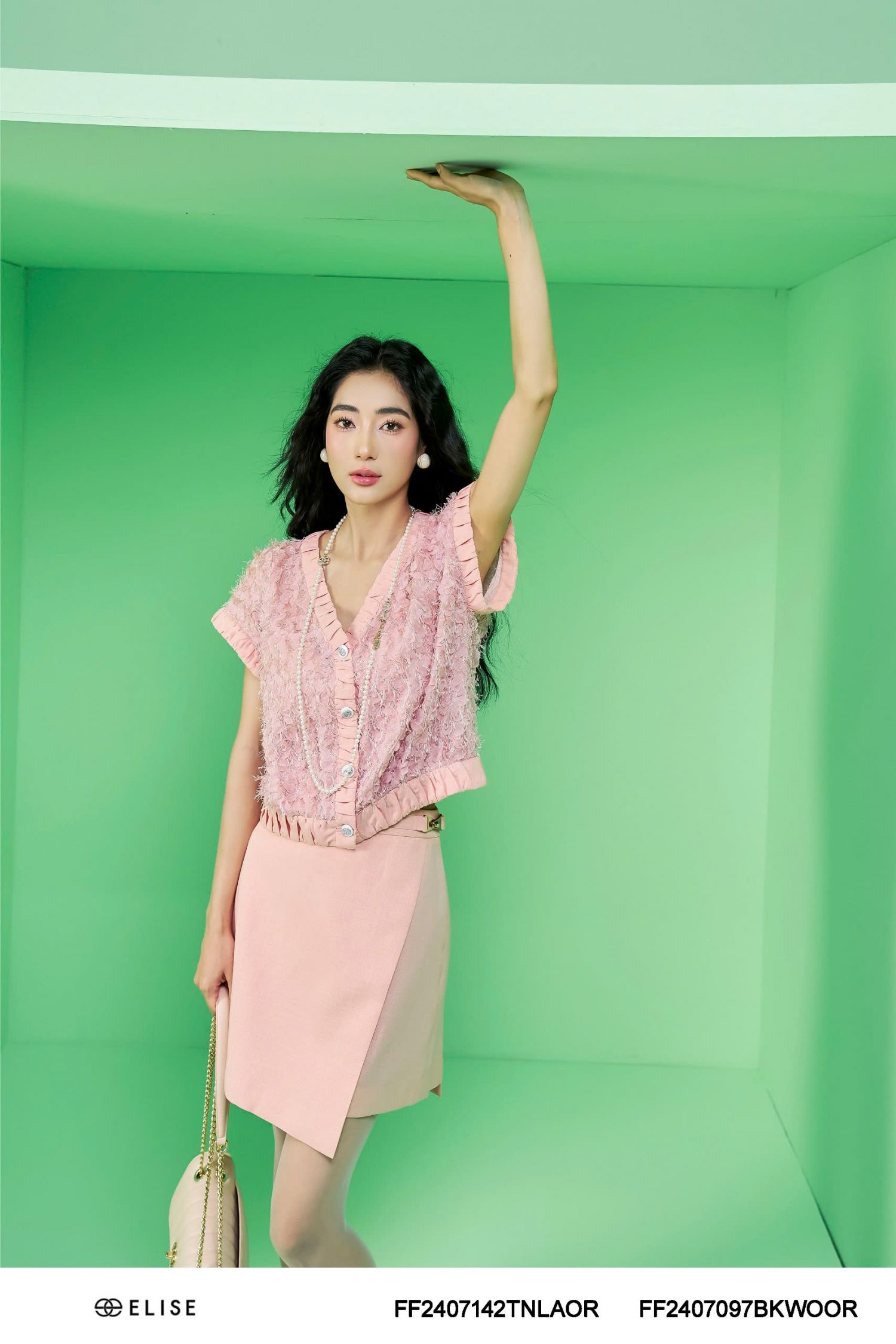 JUPE CAM HỒNG PHỦ VẠT ĐAI CẠP