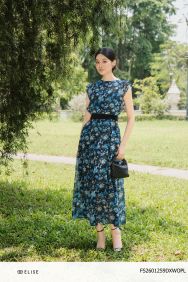 ĐẦM CHIFFON HT HOA XANH PHỐI EO