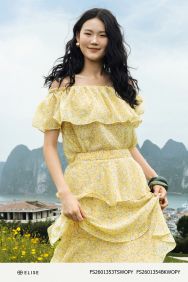 ÁO CHIFFON HOA NỀN VÀNG TRỄ VAI