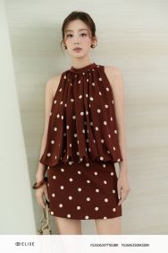 ÁO LỤA CỔ YẾM NÂU CHẤM BI