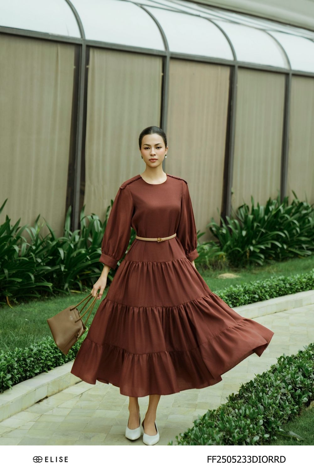 ĐẦM TƠ NÂU ĐỎ XÒE XẾP NHÚN TẦNG