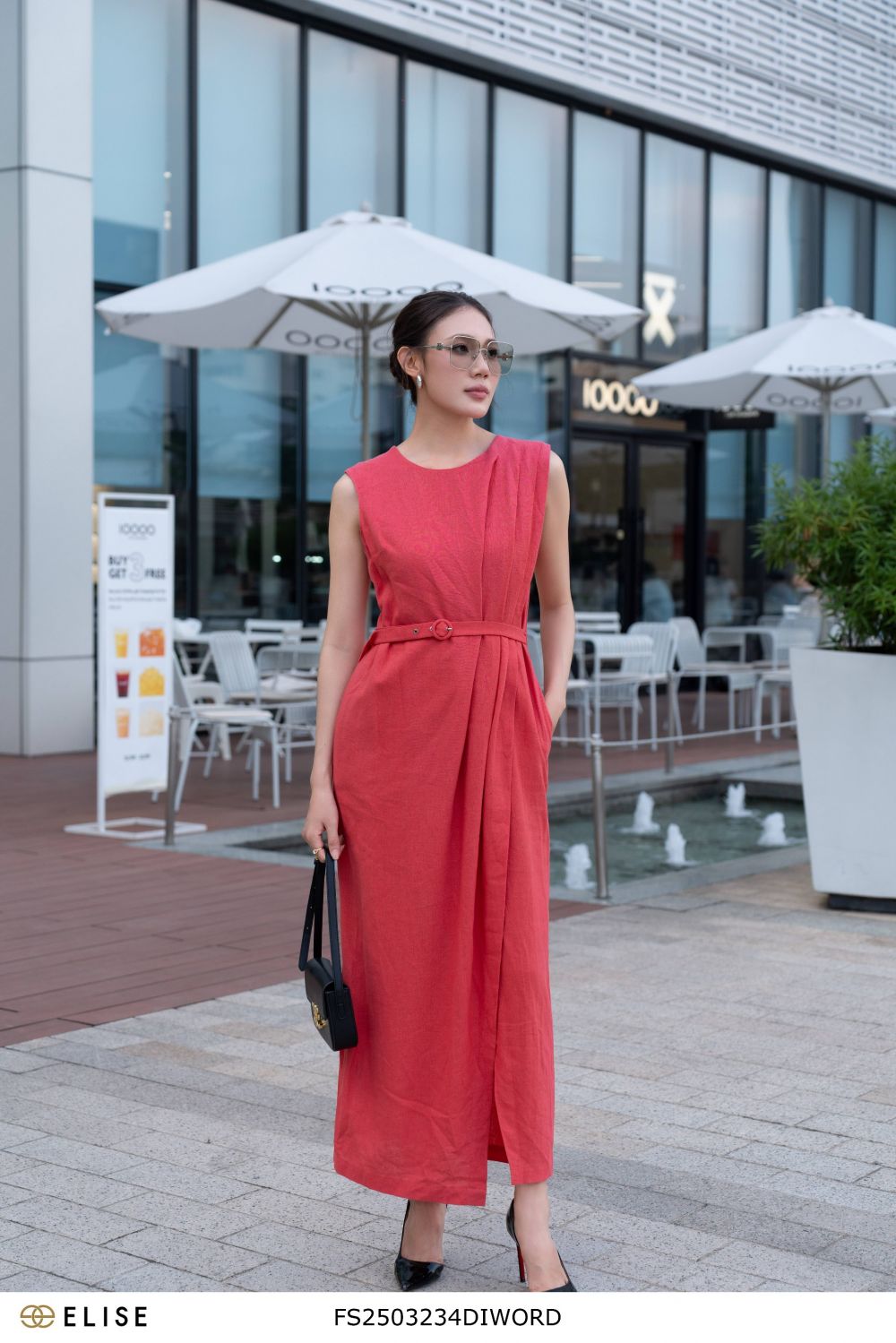 ĐẦM LINEN ĐỎ CAM PHỦ VẠT XẾP LY VAI