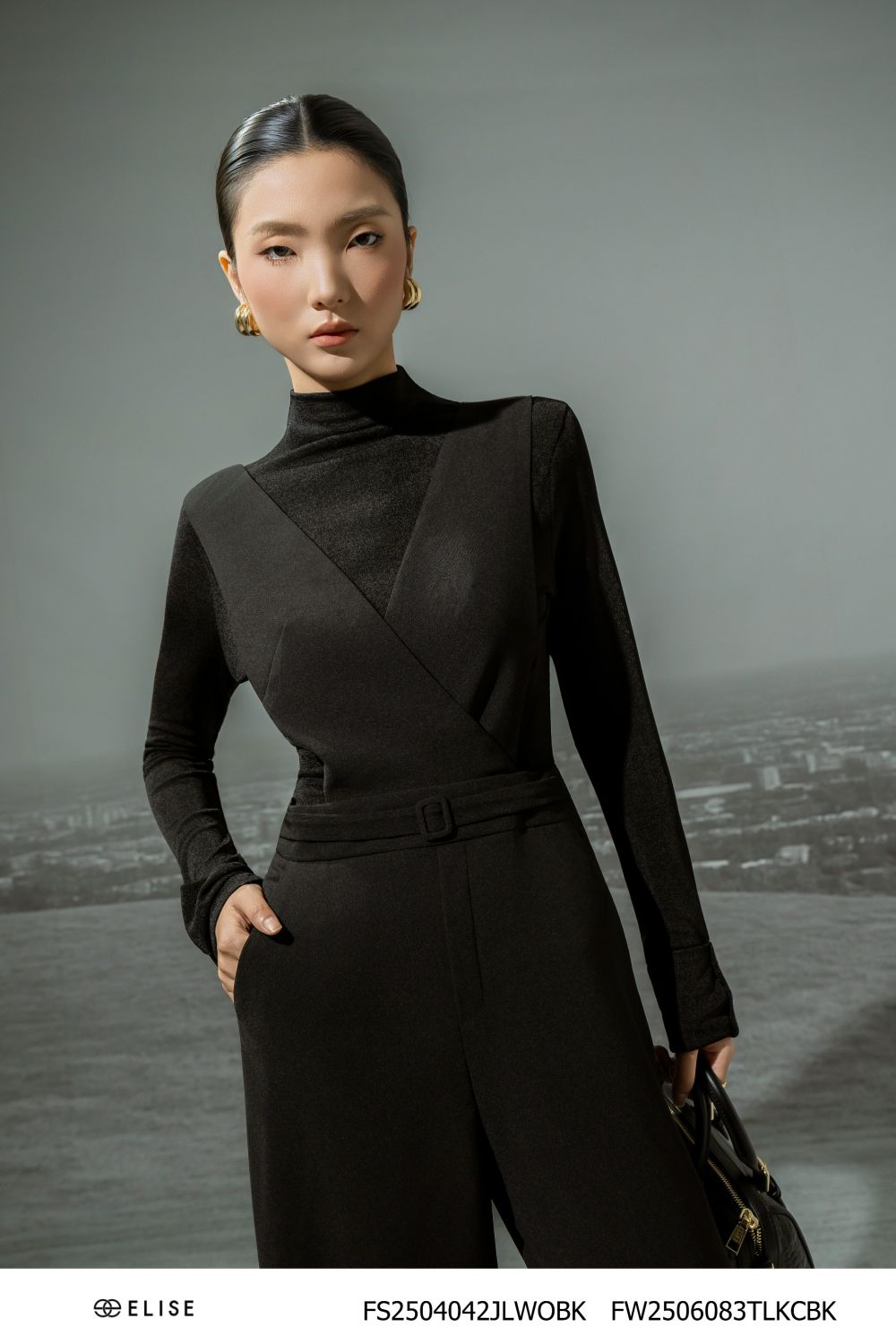 JUMPSUIT ĐEN DÀI PHỐI ĐAI EO
