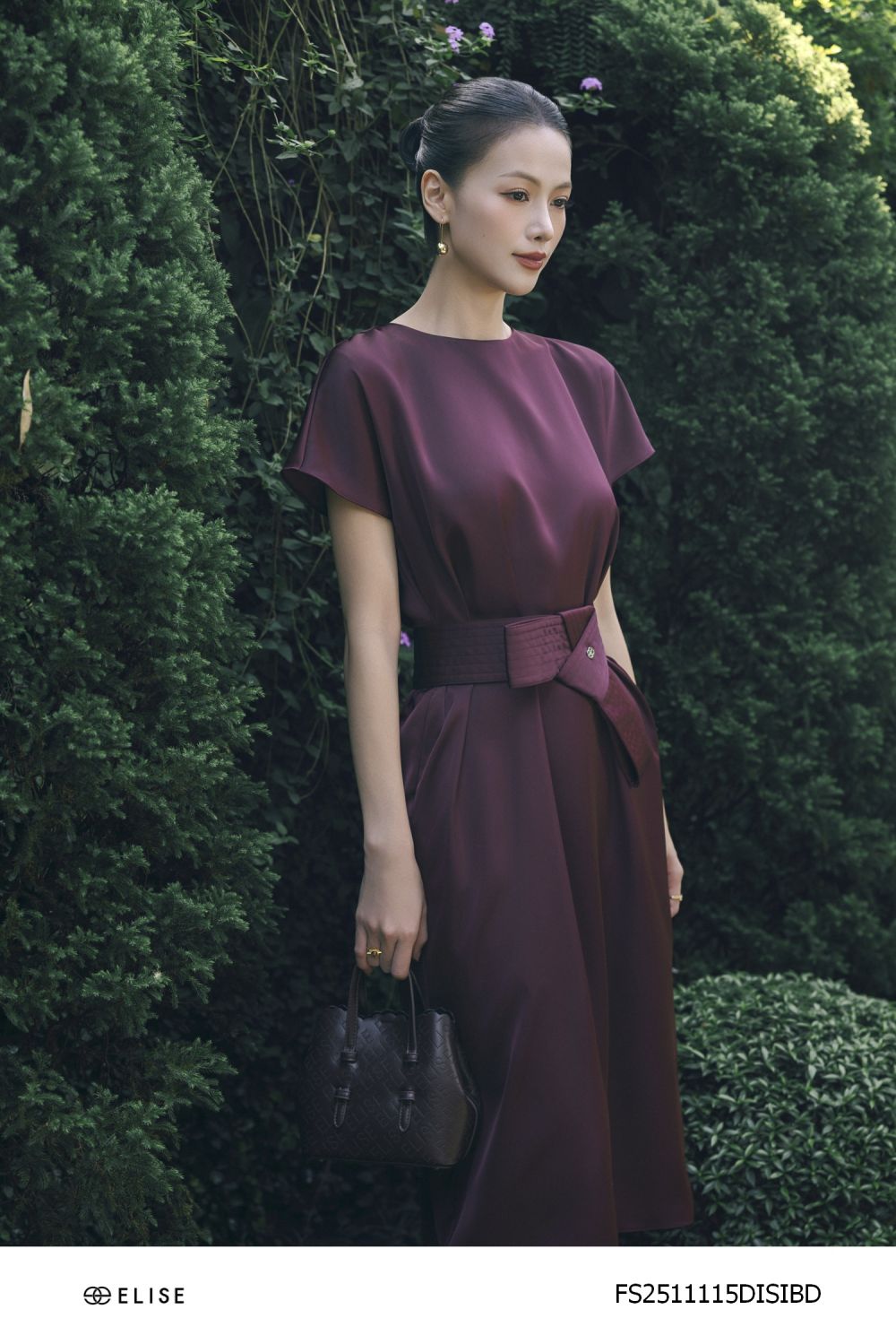 ĐẦM LỤA BURGUNDY ĐAI NƠ EO