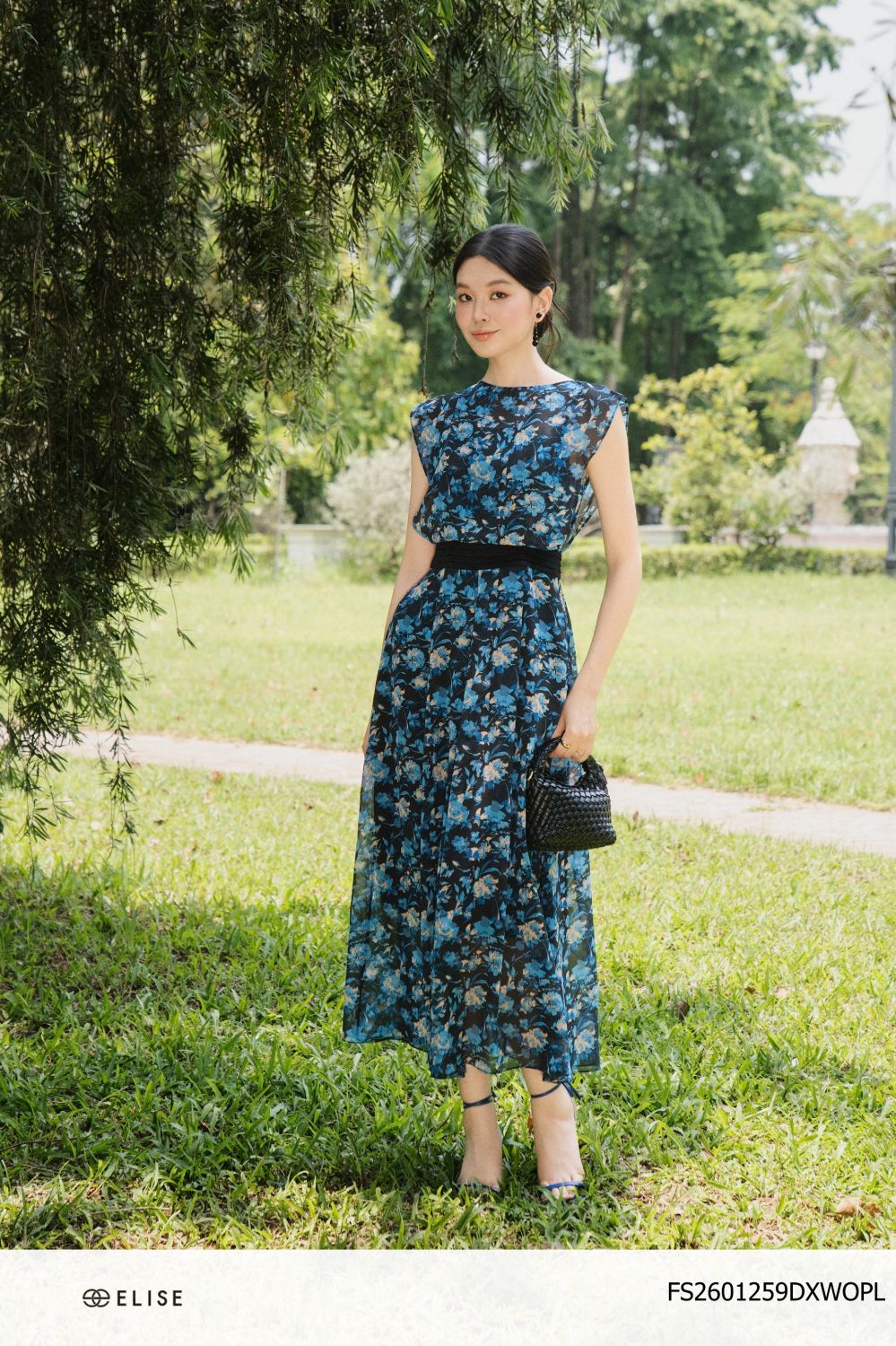 ĐẦM CHIFFON HT HOA XANH PHỐI EO