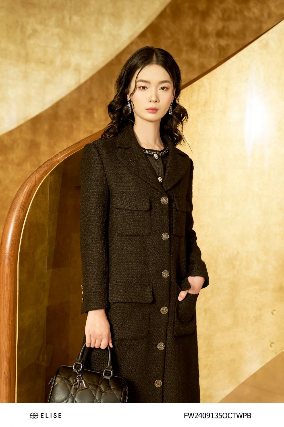 MĂNG TÔ DẠ TWEED SỢI ĐEN ỐP TÚI