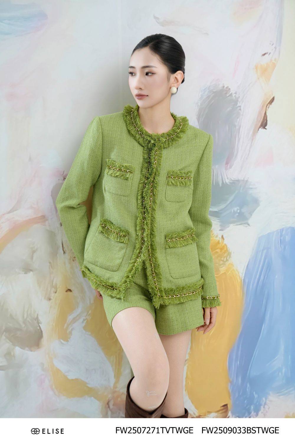 ÁO KHOÁC TWEED XANH CỐM ĐÍNH DÂY XÍCH