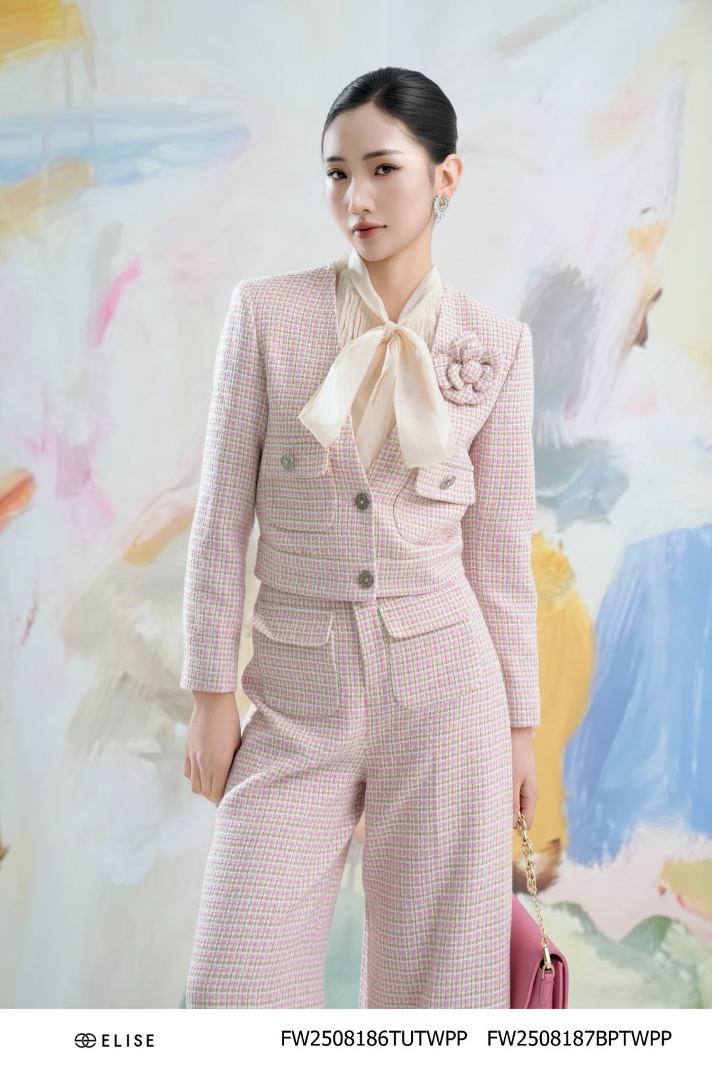ÁO KHOÁC TWEED KẺ SỢI HỒNG HOA CÀI