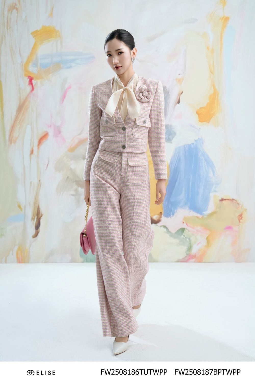 QUẦN TWEED SUÔNG KẺ SỢI HỒNG TÚI ỐP