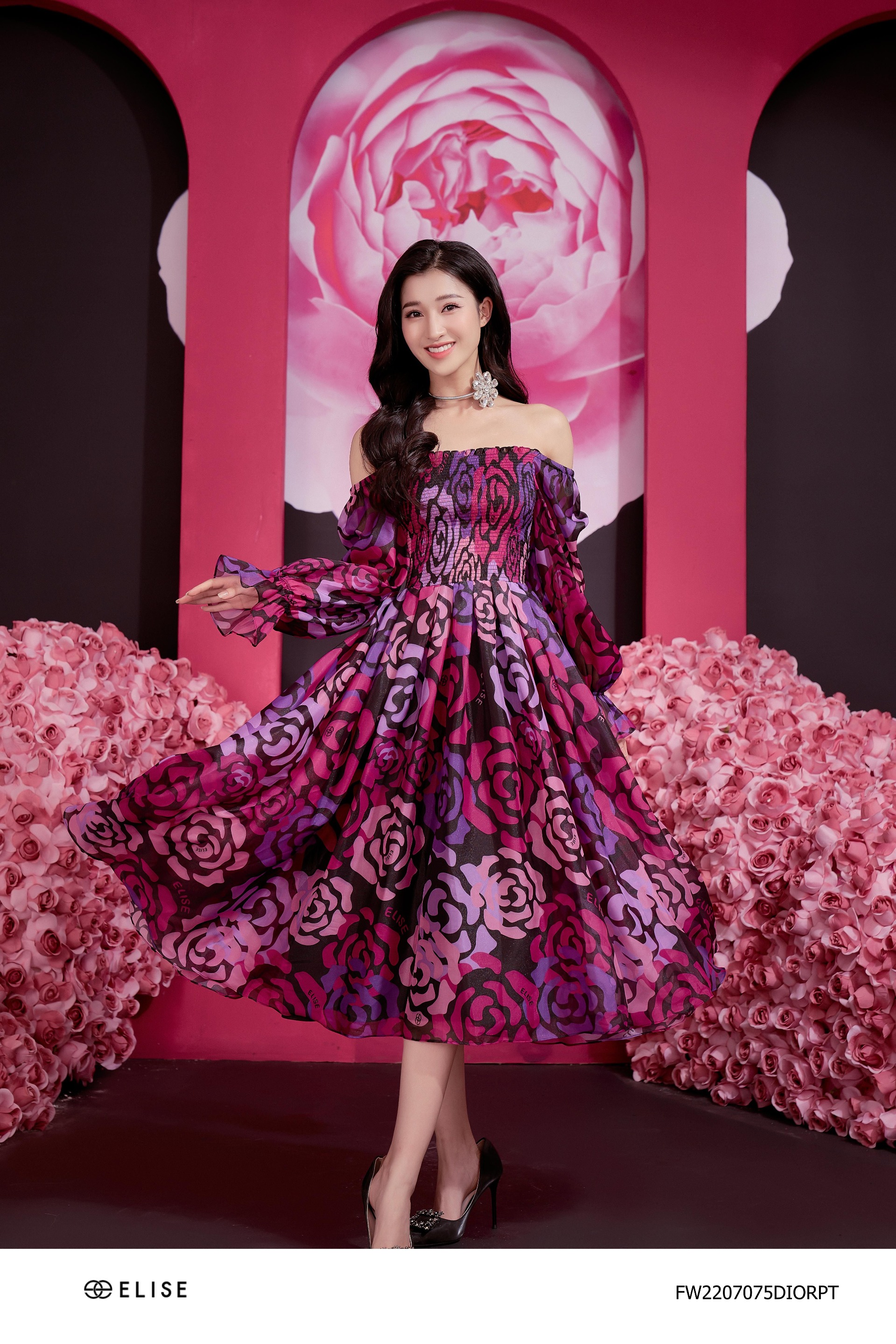 Váy Hoa Hồng Dự Tiệc Tay Phồng Xếp Ly Kiểu Pháp - Đầm Váy Nữ Cao Cấp